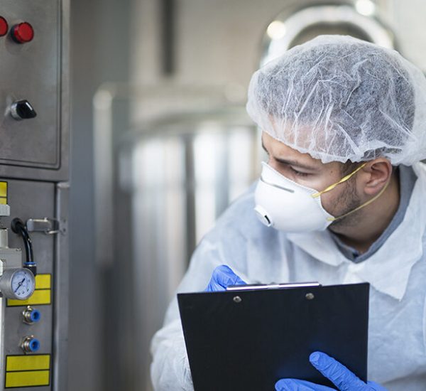 Young technologist in white protective uniform controlling industrial machine at production plant.